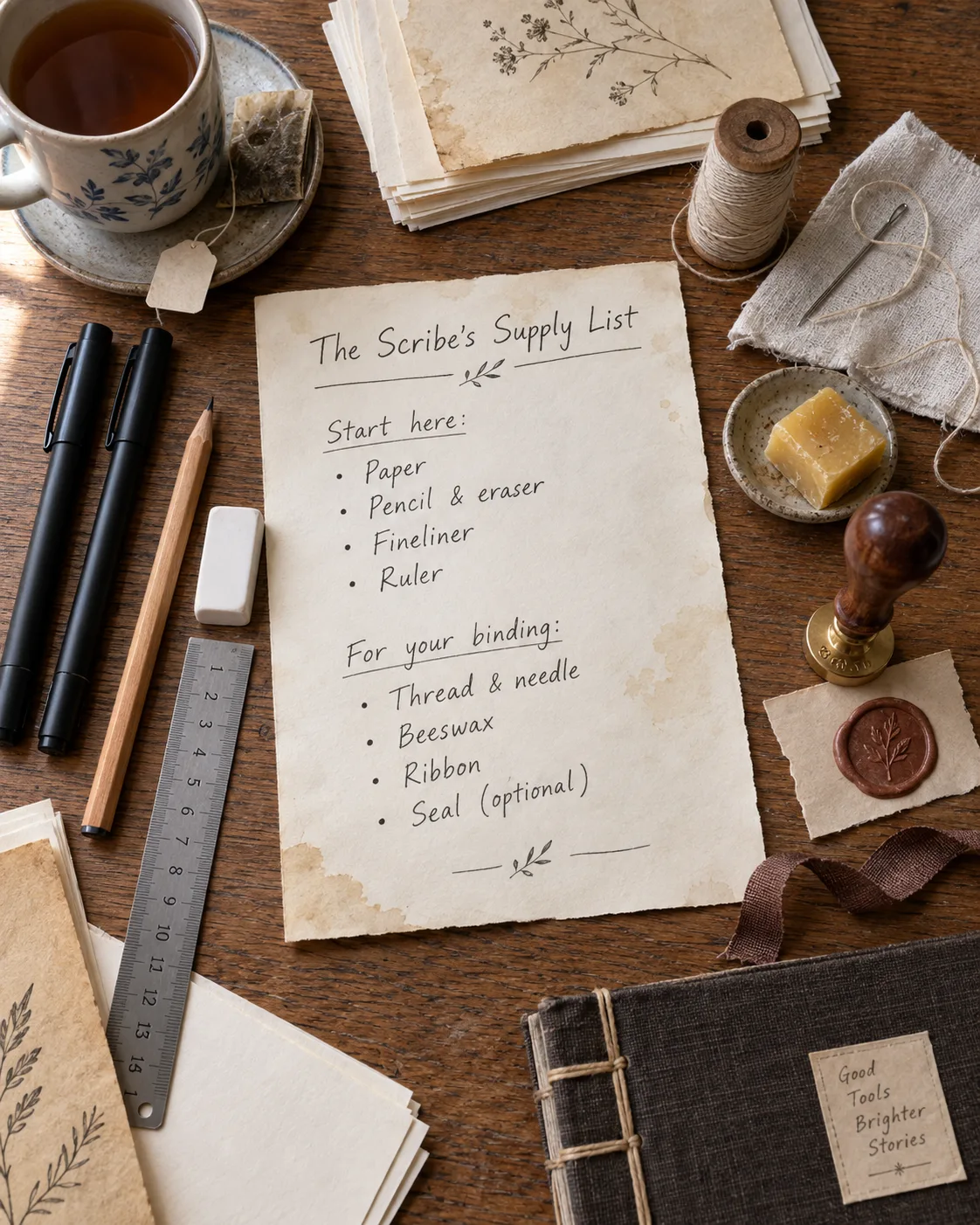 Flat lay of supplies: pens, paper, thread, needle, wax seal kit and tea