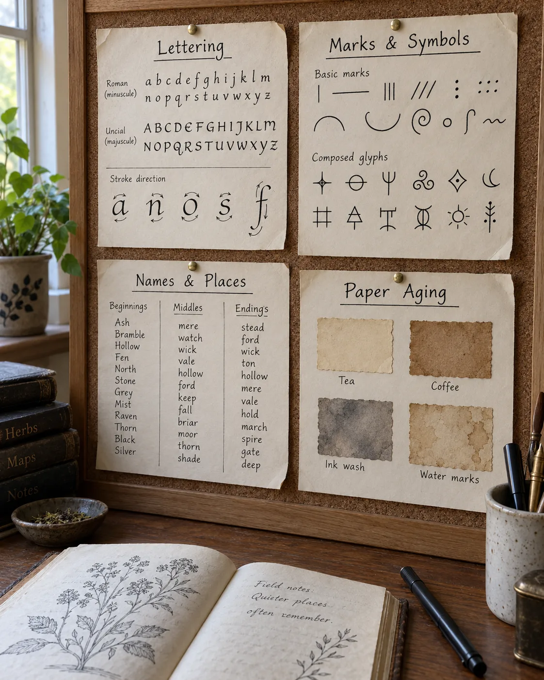 Printed reference sheets pinned above a desk, slightly creased from use