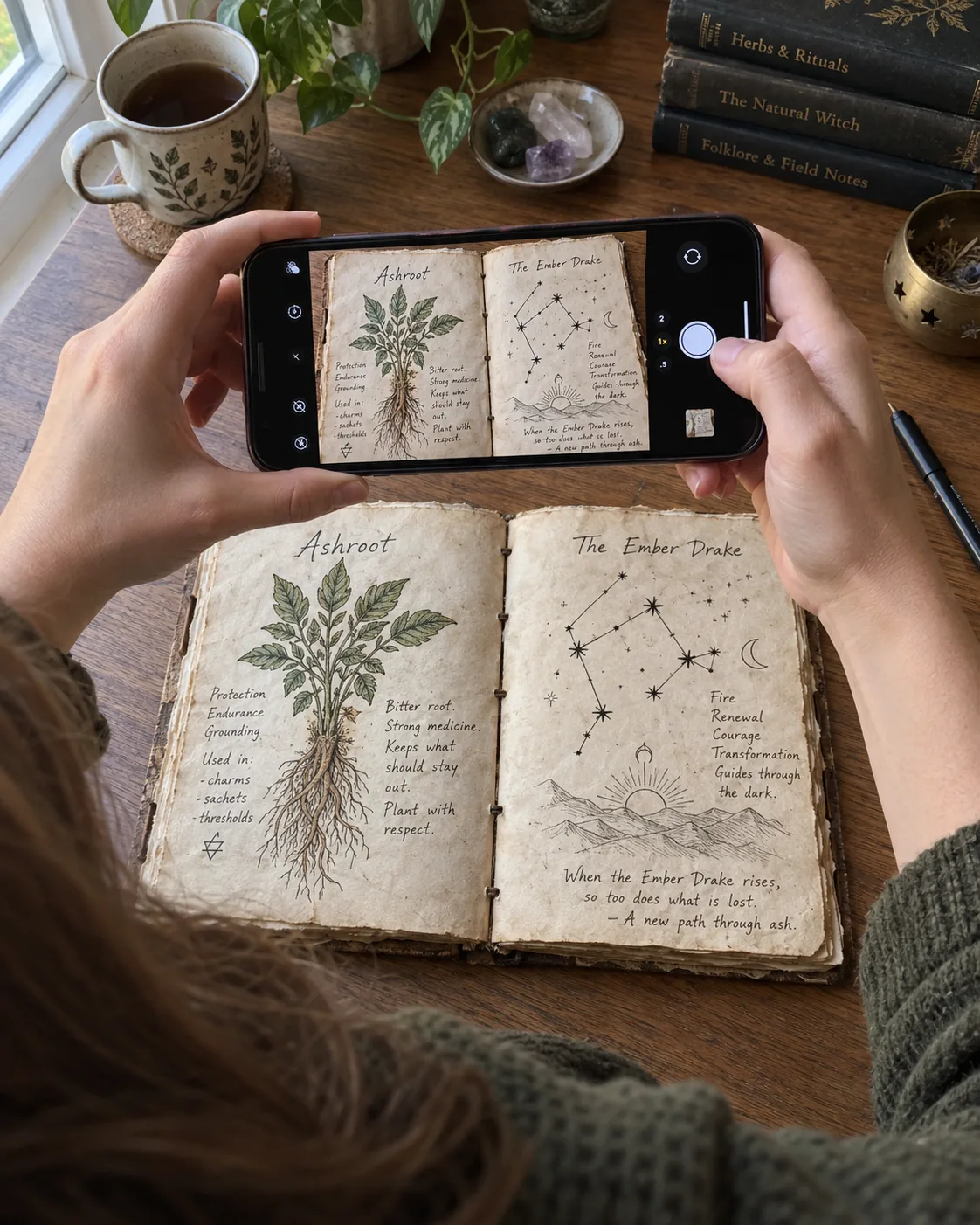 A phone photographing an open aged book by a window