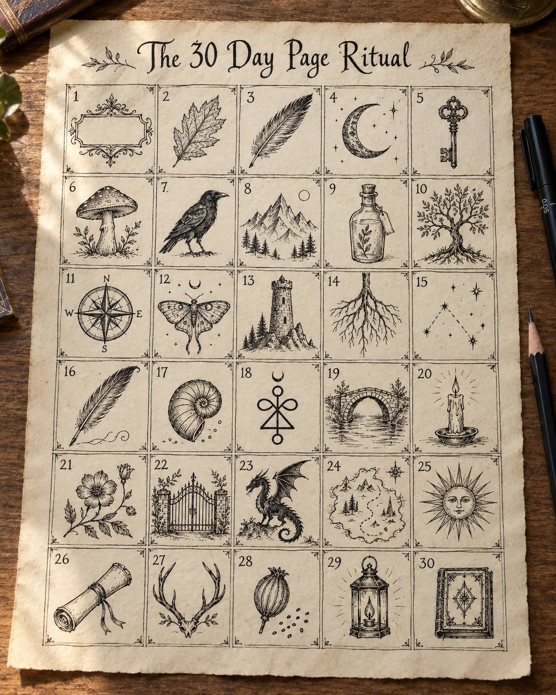 A calendar grid of thirty small page thumbnails, each one a different entry