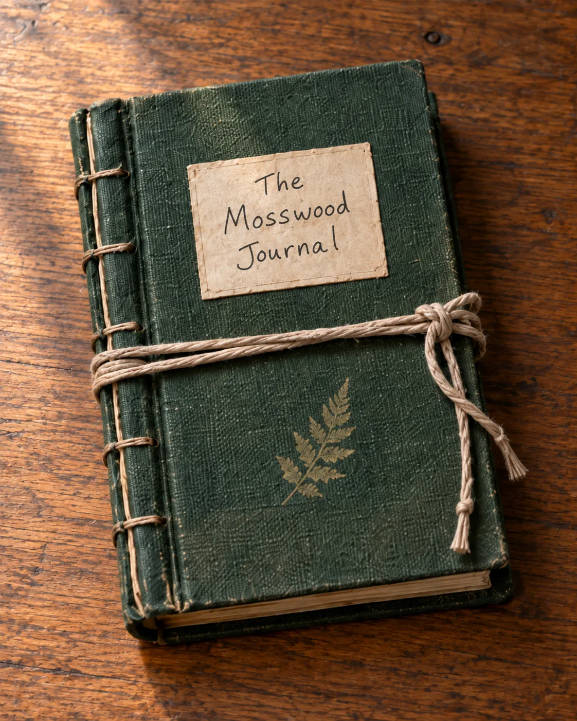 A mosswood journal, bound and tied, resting on a desk