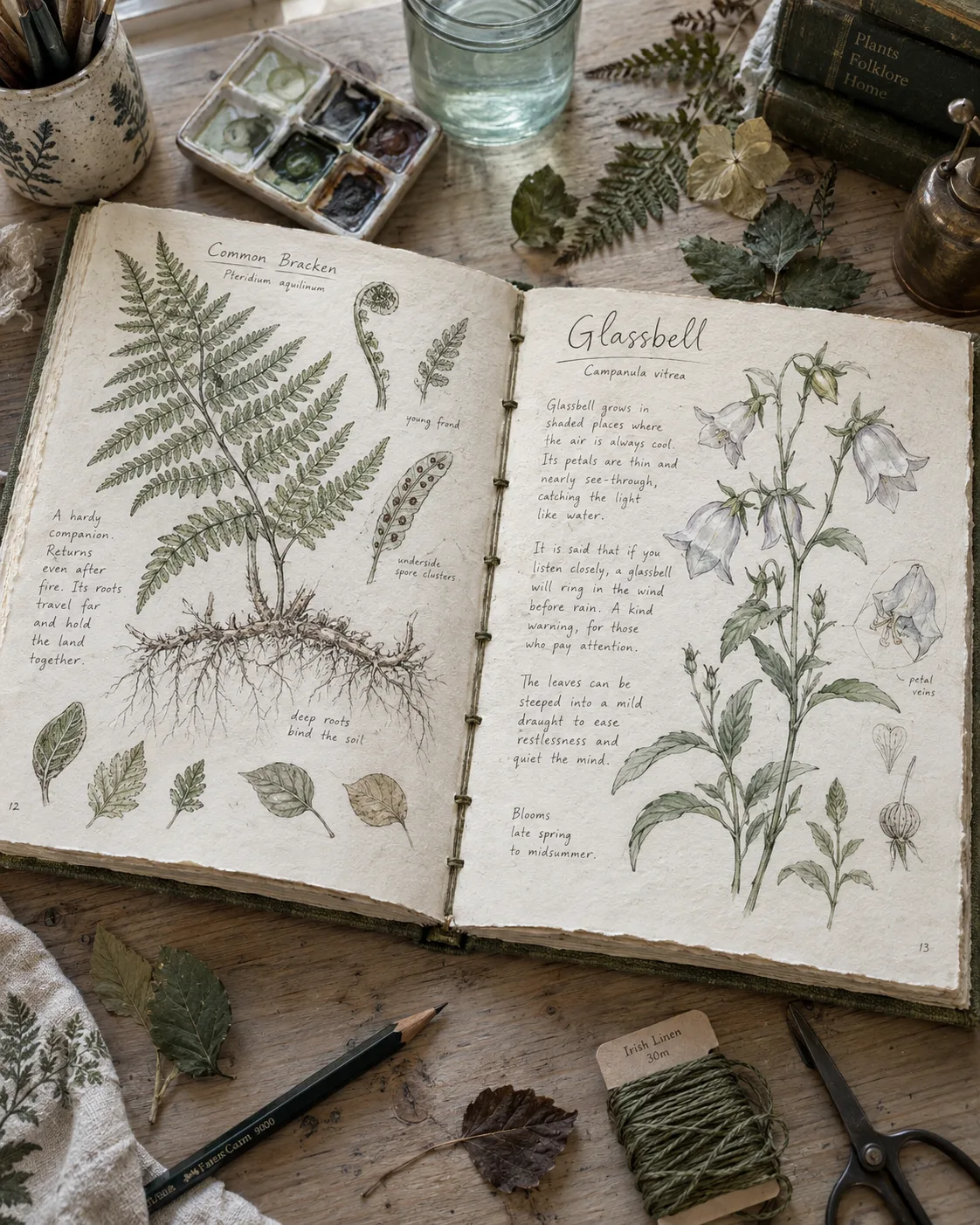 A botanical journal open on pressed-plant studies