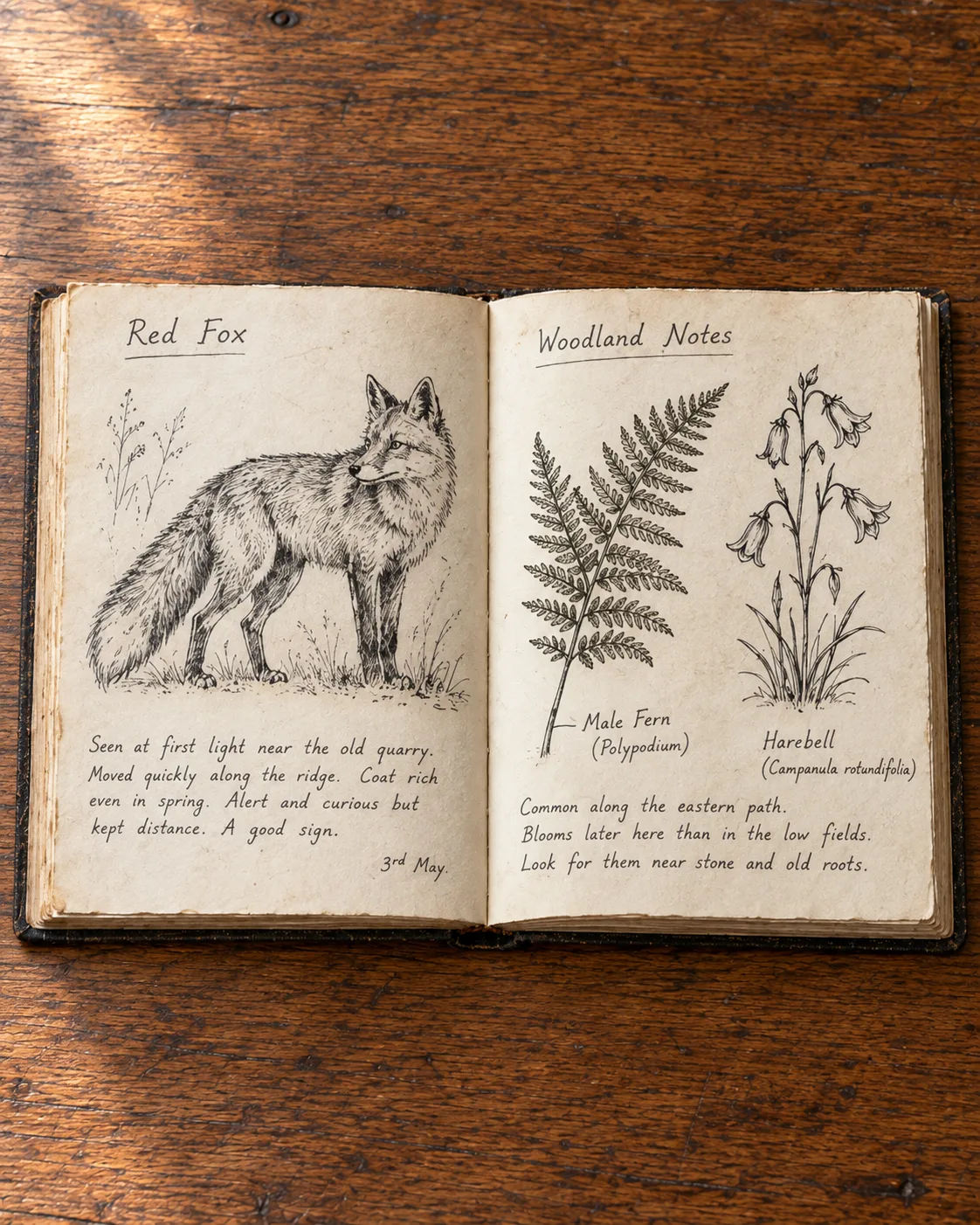 A woodland spread with inked beasts and margin notes