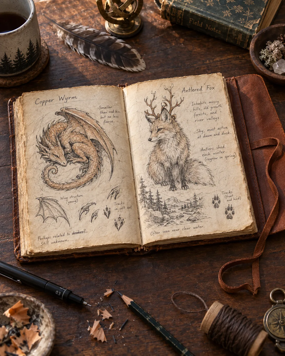 A bestiary spread showing a dragon and a fox
