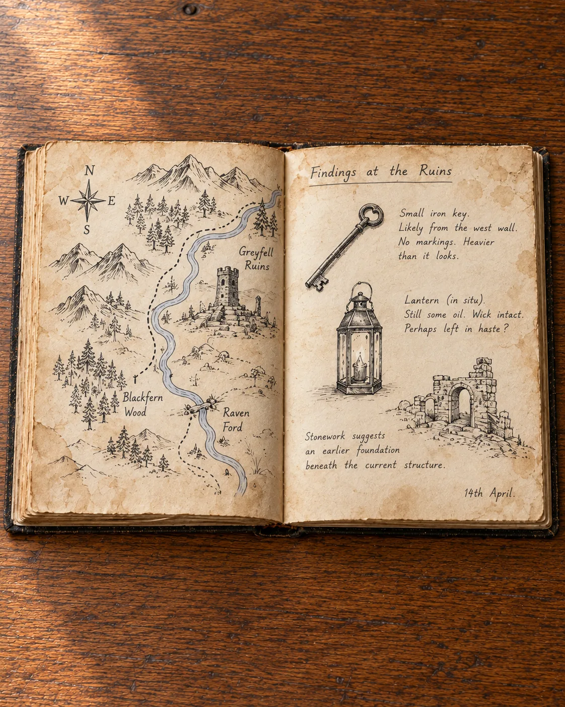 An explorer's spread with field notes and sketches