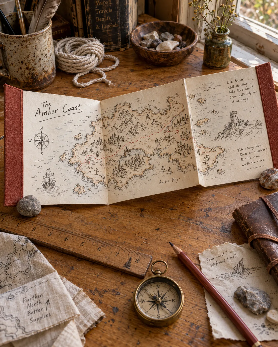 A hand-drawn fold-out map tucked into a grimoire