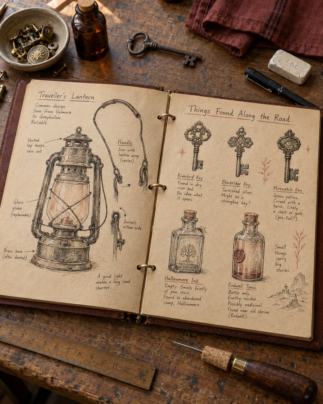 An artifact notebook with recovered objects drawn in ink