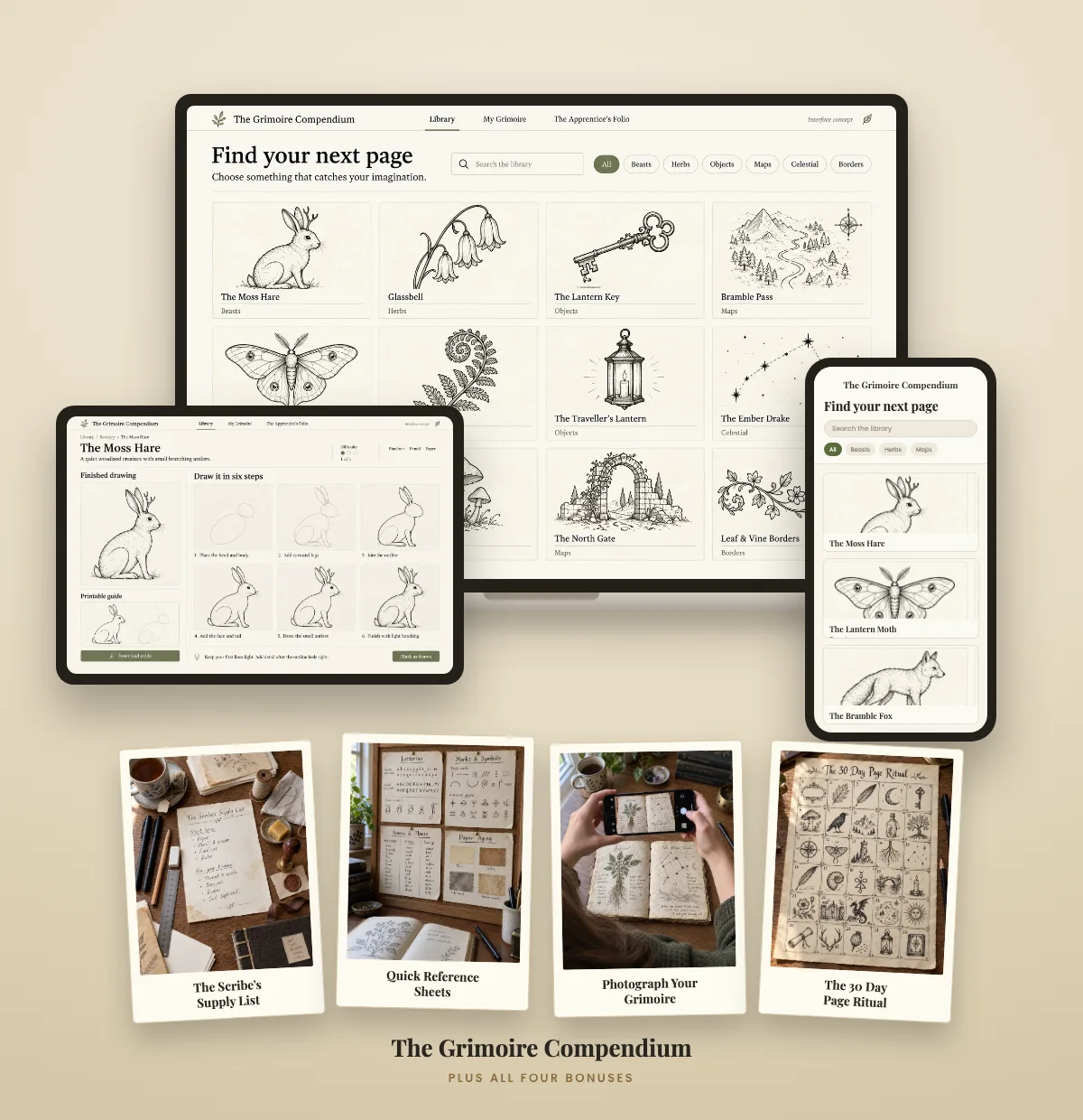 Full product spread: the library on screen plus a finished grimoire, printables and all bonuses