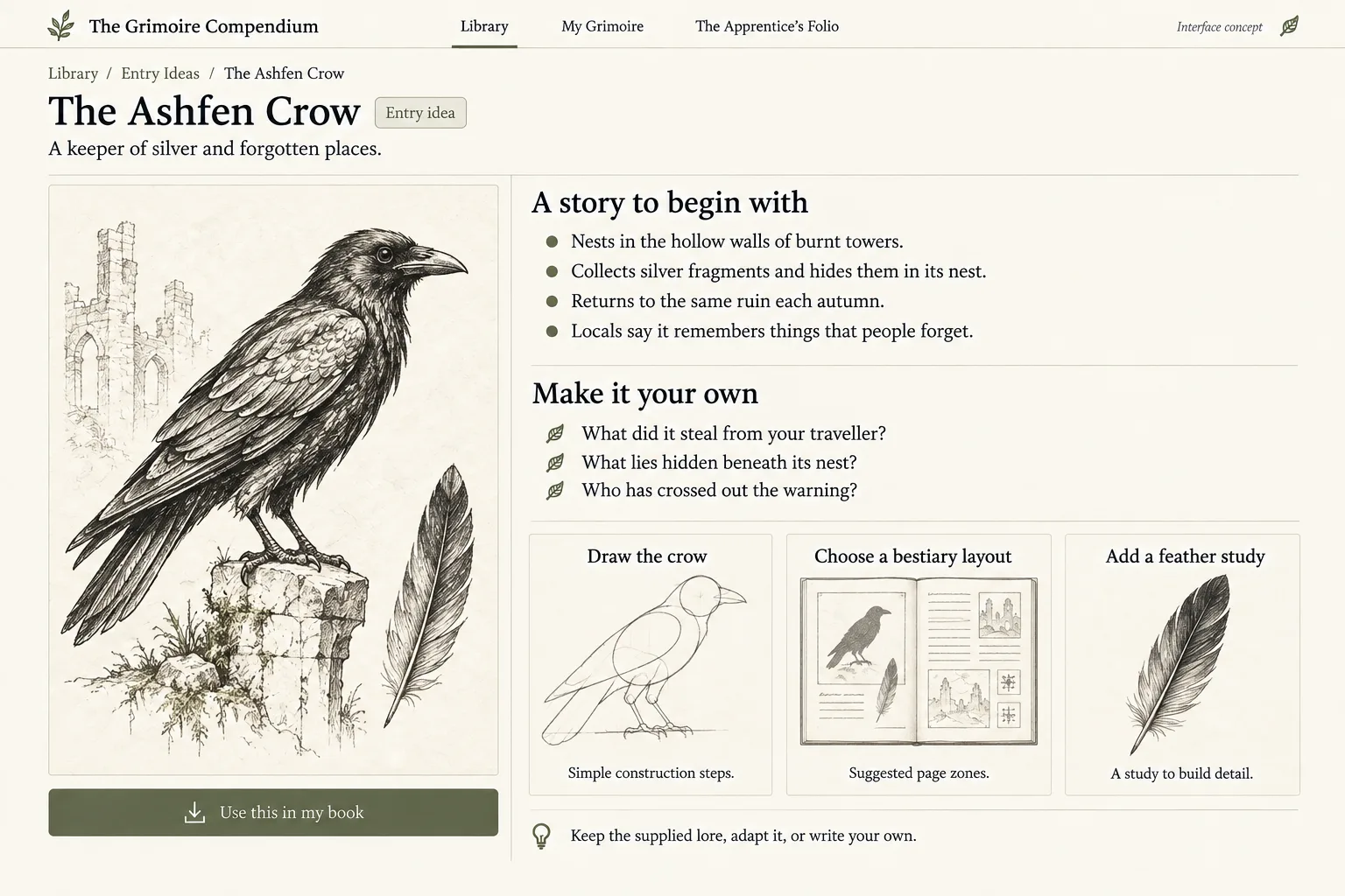 An entry screen for The Ashfen Crow, showing the finished drawing alongside its written lore