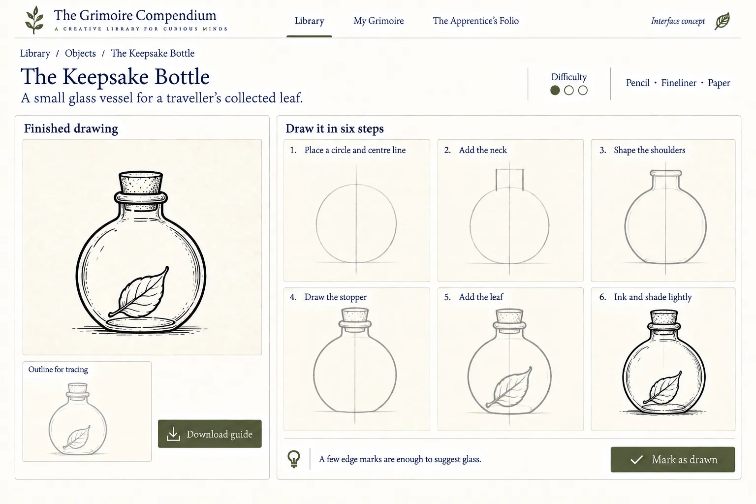The Keepsake Bottle entry, drawn in steps