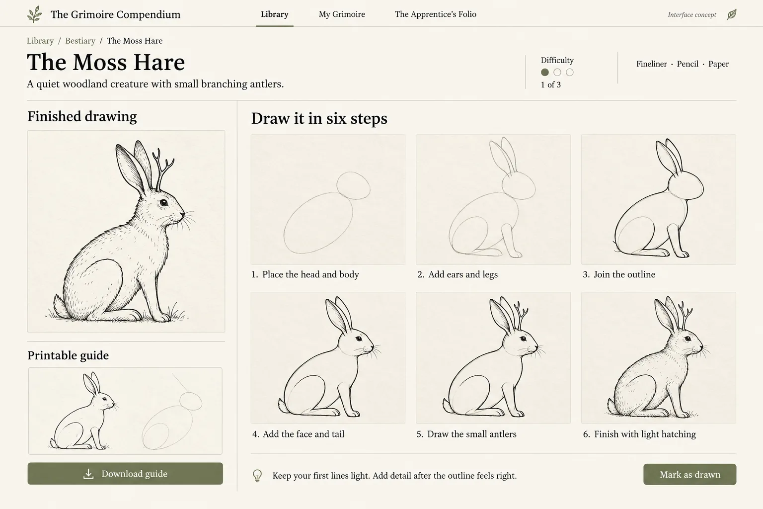 An entry screen for The Moss Hare, showing the finished drawing and the same creature built in six numbered steps