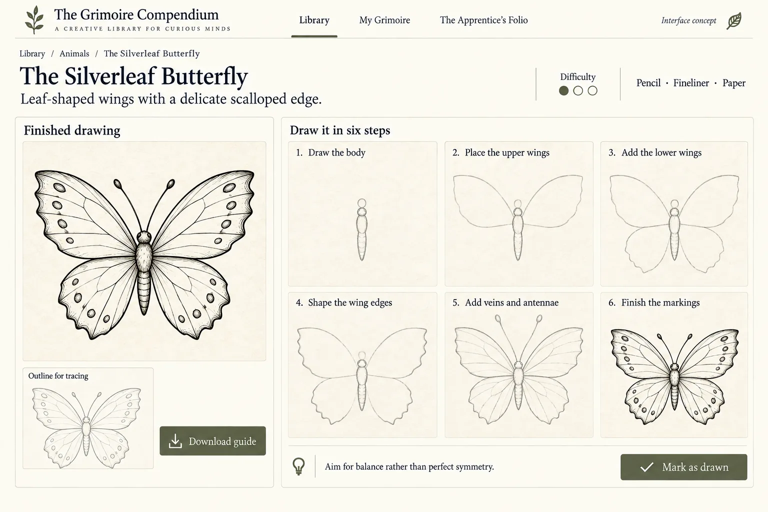 The Silverleaf Butterfly entry, drawn in steps