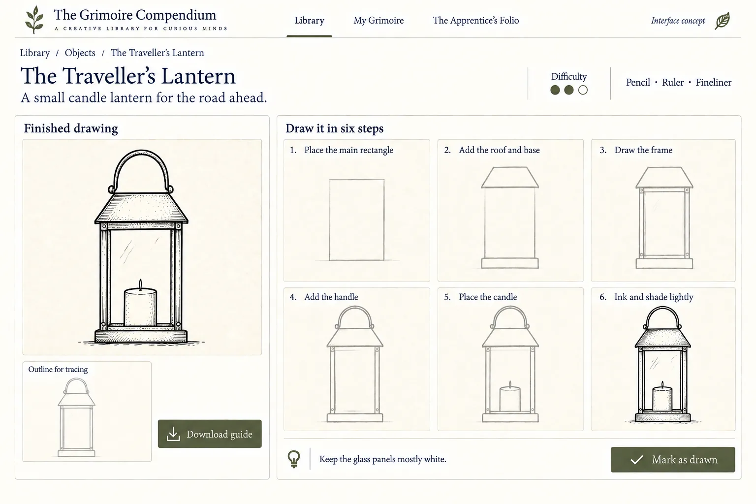 The Traveller's Lantern entry, drawn in steps