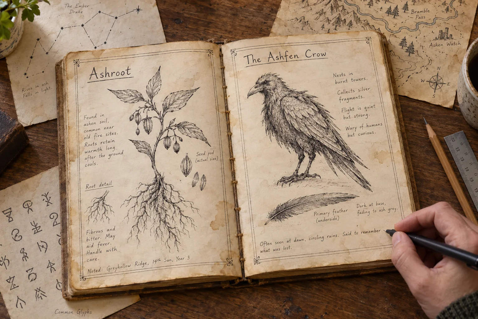 An open hand-made grimoire on a wooden desk, an inked crow on one page and a plant study on the other