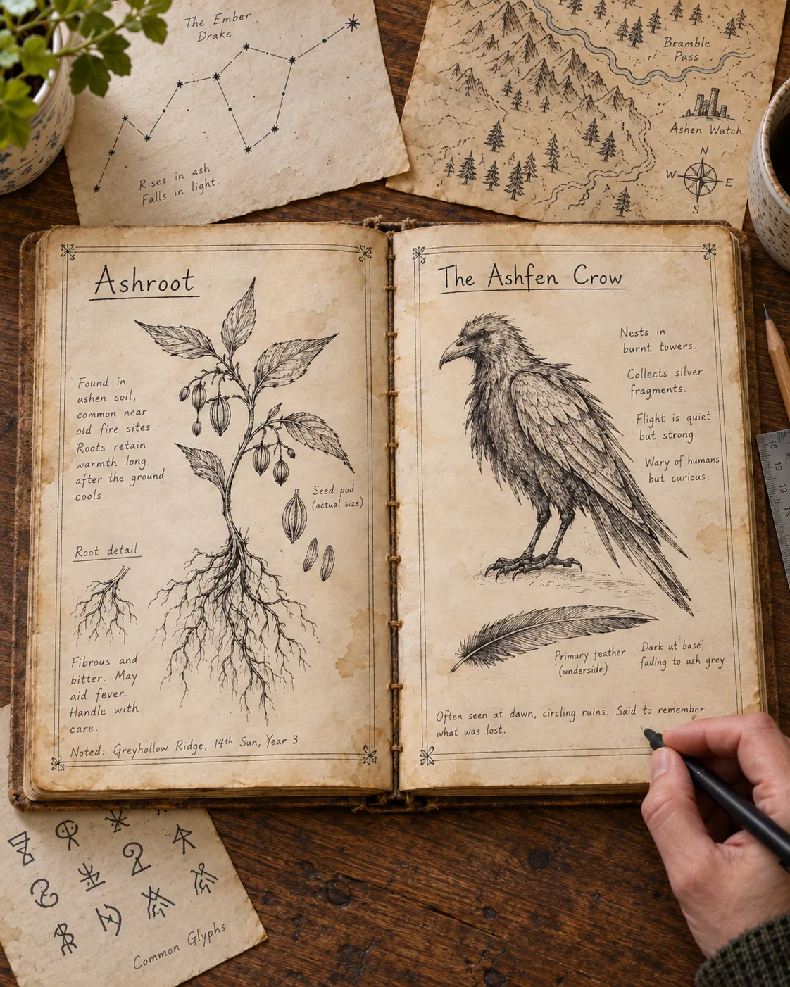 An open hand-made grimoire on a wooden desk, tea-stained pages, one page showing an inked beast with handwritten notes in the margin, the facing page half finished with faint pencil guidelines still visible. A pen, a wax seal and a scrap of thread sit beside it.