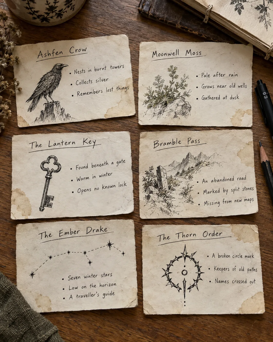 A spread of entry seed cards laid on the desk, each with a name and a few lore notes