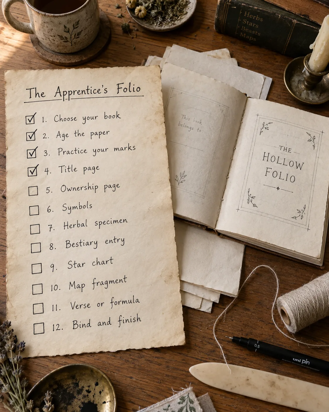 The twelve stage guided path shown as a checklist beside a part-finished book