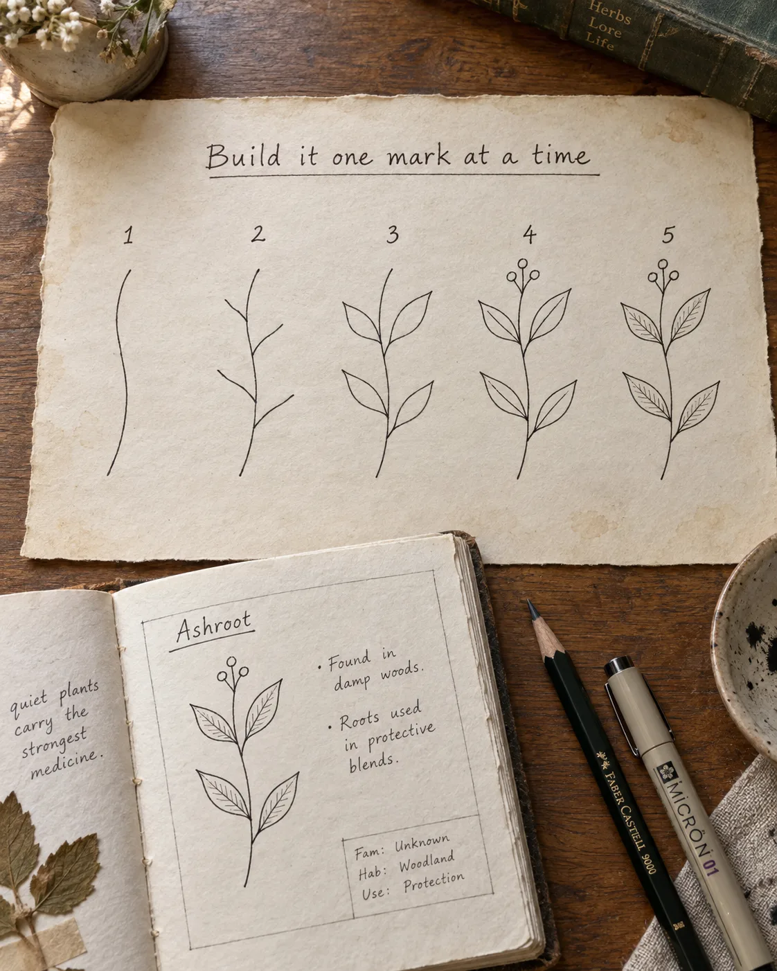 A single motif shown at five build stages, left to right, same page, same pen