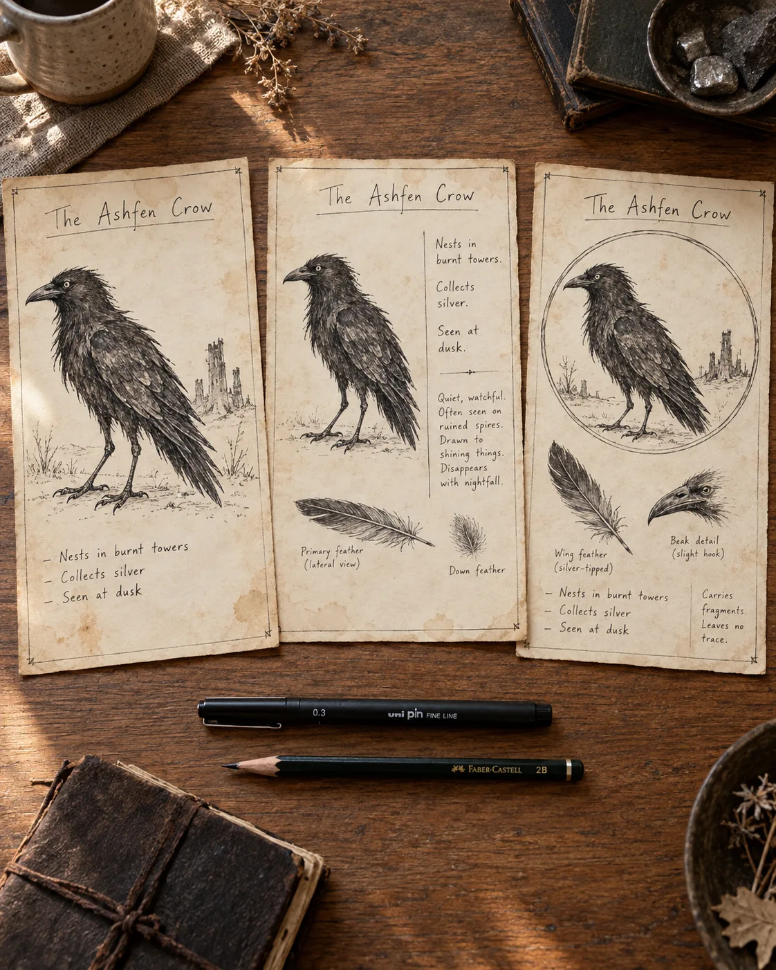 Three different bestiary layouts side by side, showing the same creature arranged three ways