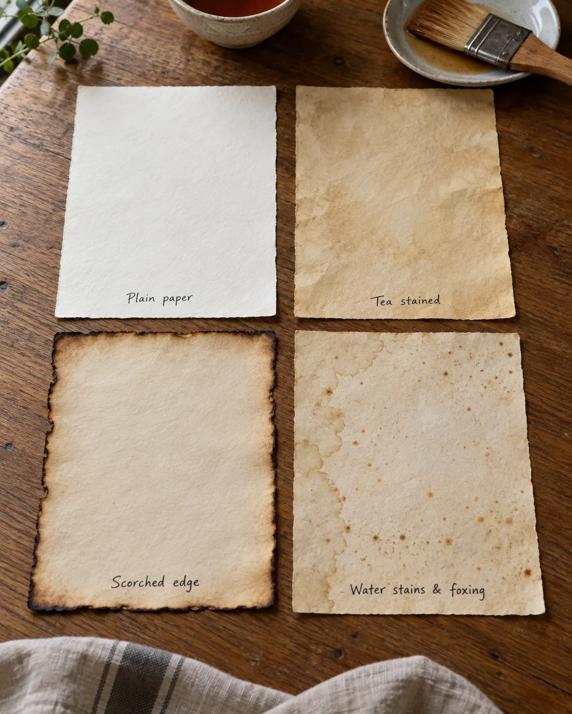 Four paper samples in a row: clean white, tea-stained, scorched edge, water-stained and foxed