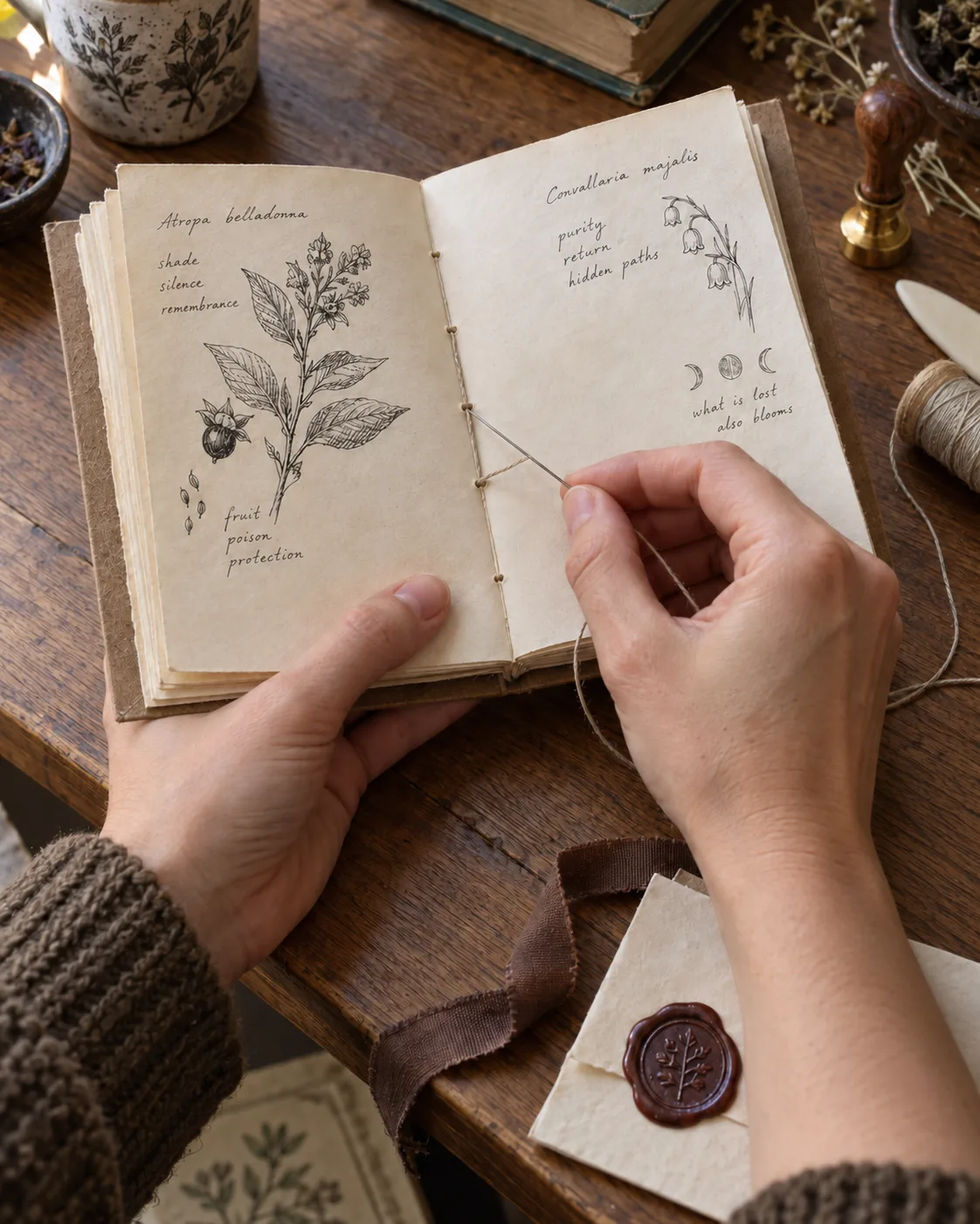 Hands pulling waxed thread through folded signatures, wax seal and ribbon nearby