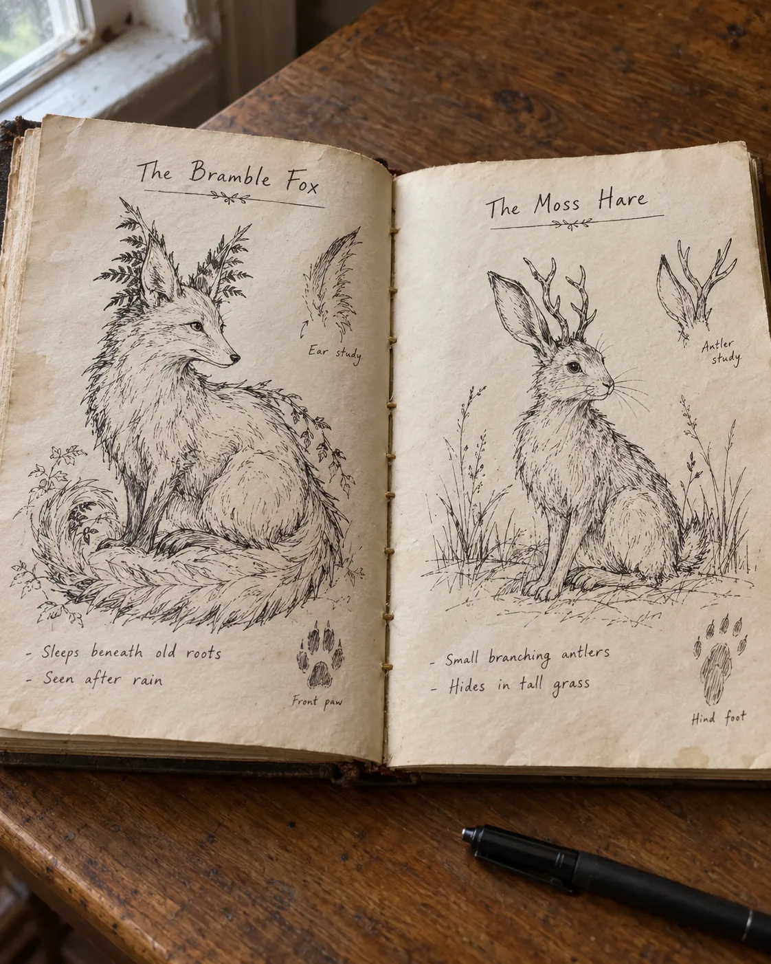 A grimoire spread of woodland beasts: the Bramble Fox and the Moss Hare, with ear, antler and paw studies