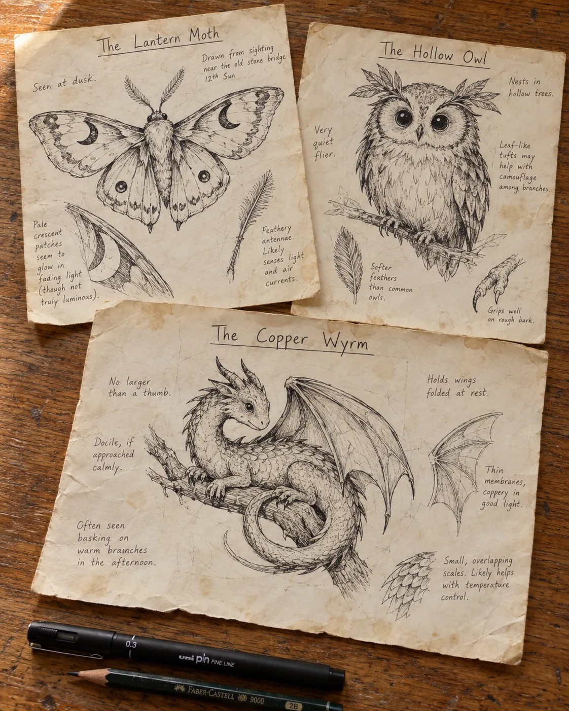 A grimoire spread of winged creatures with wing and feather studies