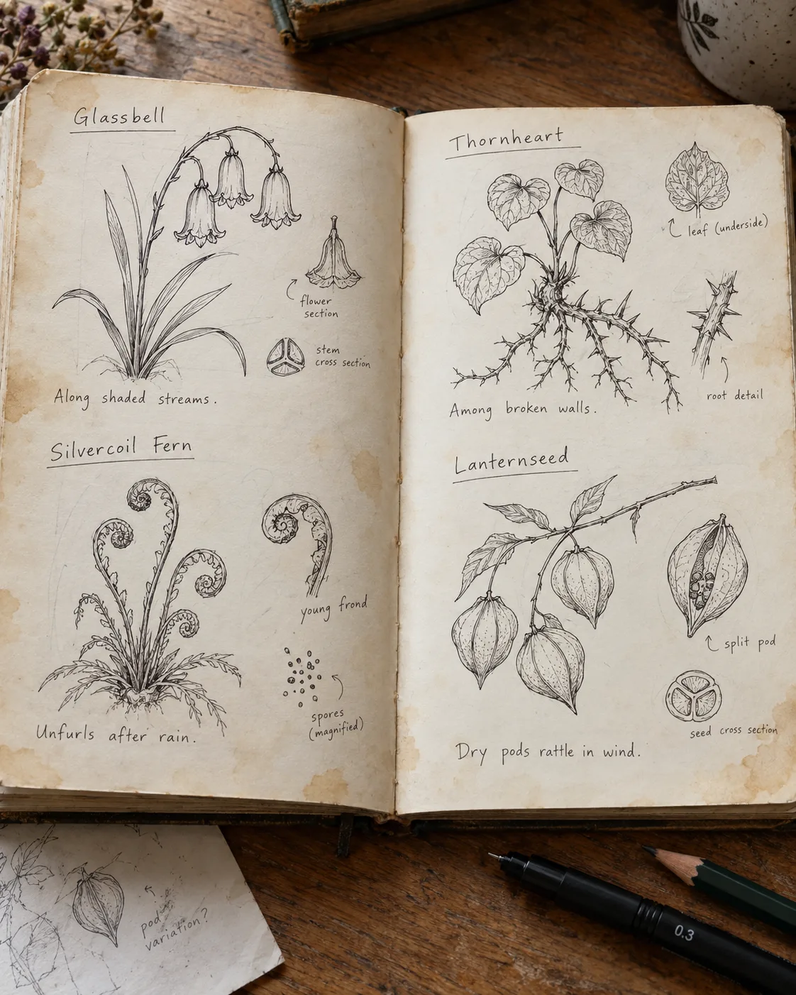 A grimoire spread of plants with root details and seed pods