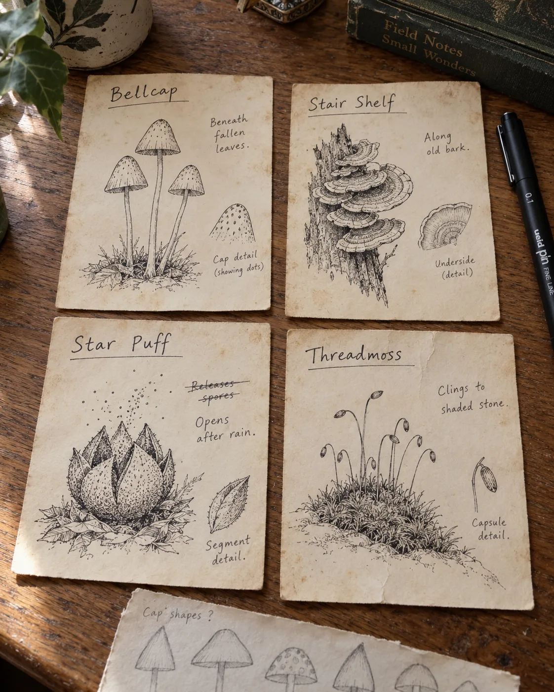 A grimoire spread of fungi and mosses with cross-sections