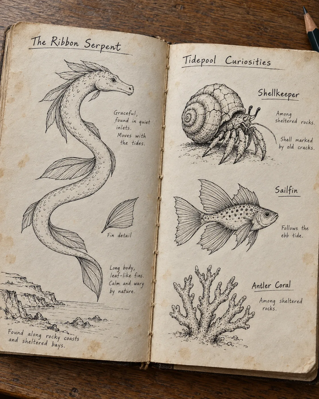 A grimoire spread of sea creatures with anatomical studies
