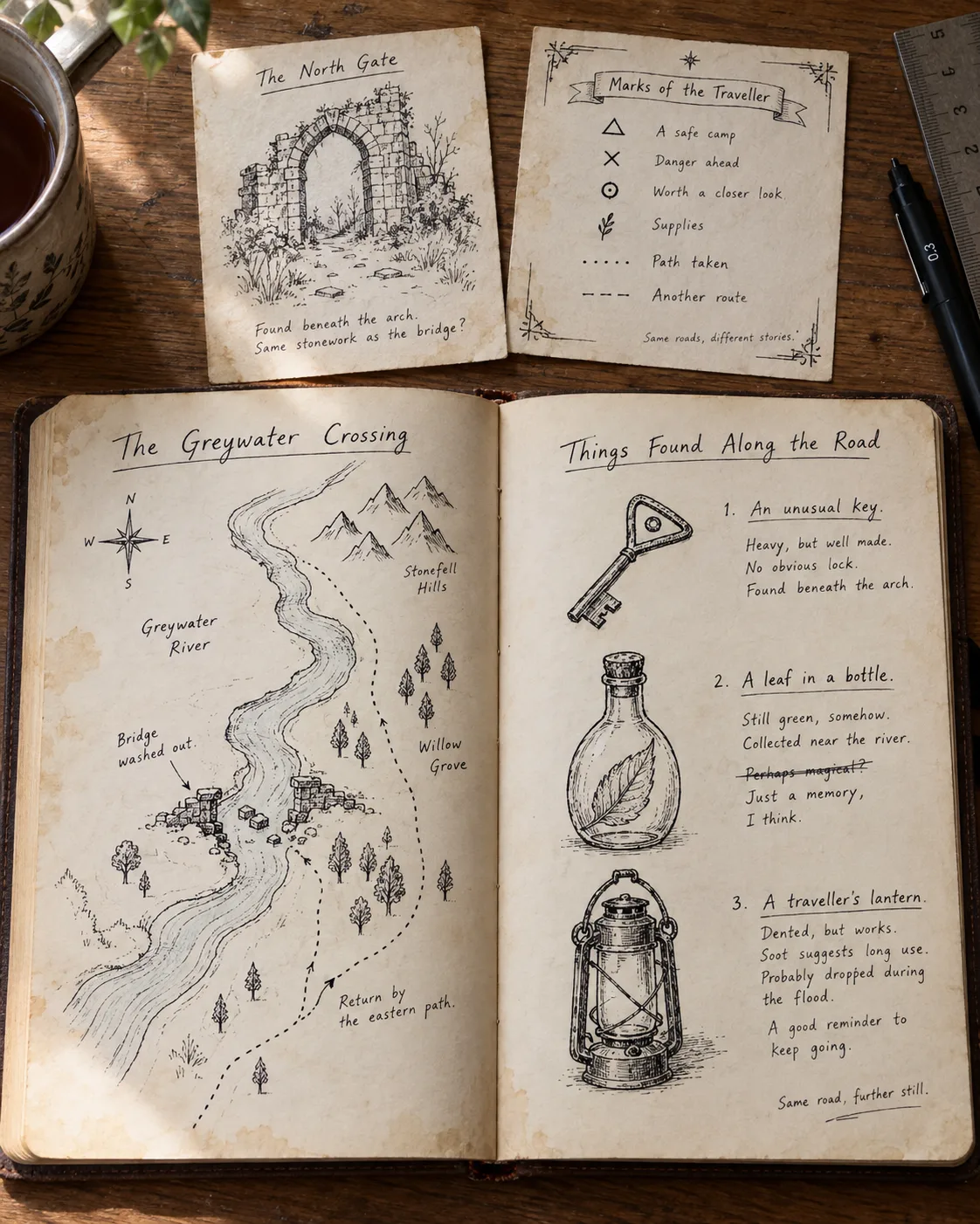 A grimoire spread of map fragments, ruins and recovered artifacts