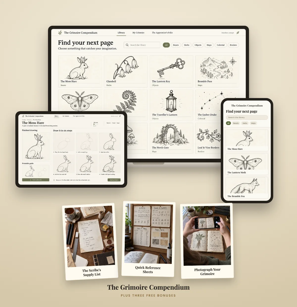 The library shown on a laptop and phone, surrounded by a finished grimoire, printed guide sheets and bonus sheets
