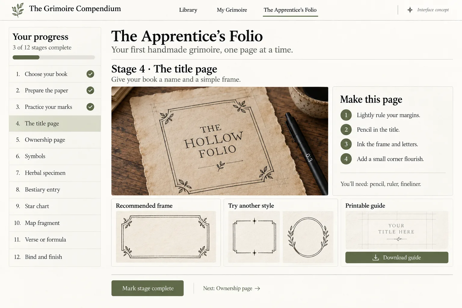 The guided project screen, showing the twelve stages from blank paper to a bound book
