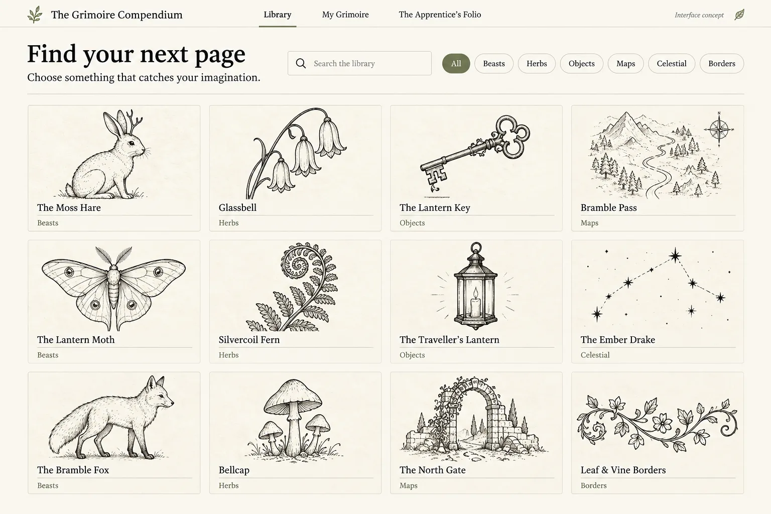 The Grimoire Compendium library screen, showing a search field, category filters for beasts, herbs, objects, maps, celestial and borders, and a grid of entries