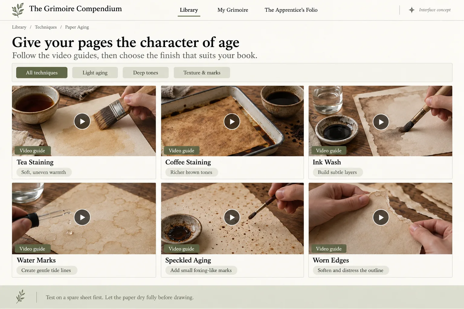 The paper aging screen, showing video guides for tea staining, coffee staining, ink wash, water marks, speckled aging and worn edges