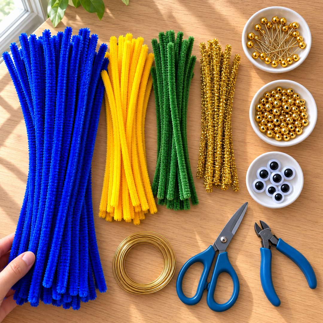 A flat-lay of the exact supplies: chenille stem bundles in royal blue, yellow, green, and gold tinsel, bowls of gold beads, ball-head pins, and eyes, craft wire, scissors, and a wire cutter