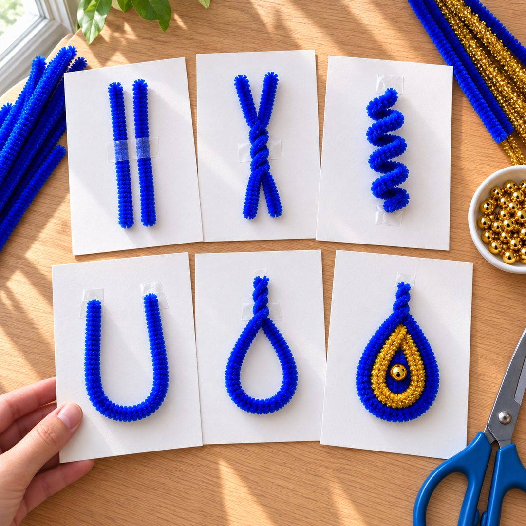 Printable white cards laid on the desk, each holding a real taped chenille sample: parallel stems, the twist, the spiral, the U-bend, the loop, and the finished golden-centered teardrop
