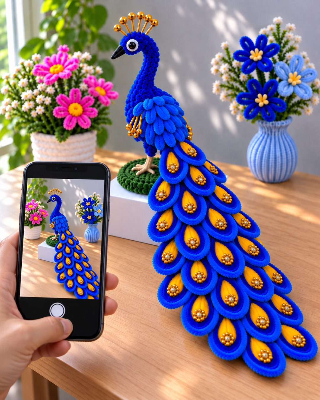 The finished peacock on its pedestal by the window, a hand holding a phone mid-photo with the peacock framed on screen