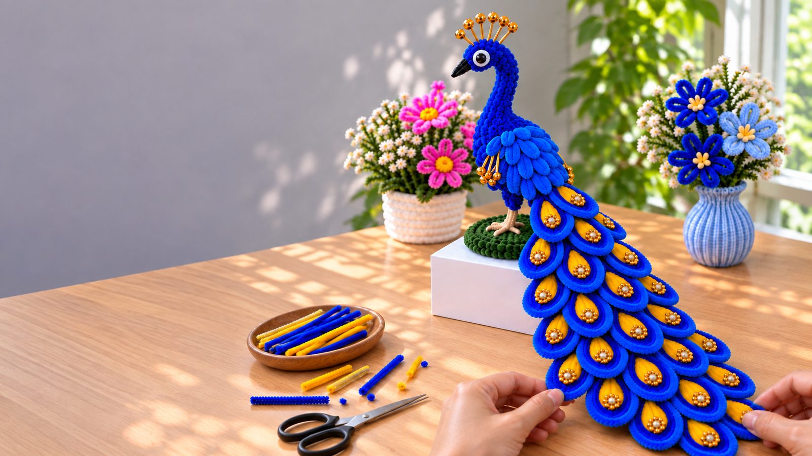 A handmade royal-blue chenille peacock with a cascading golden-eyed tail