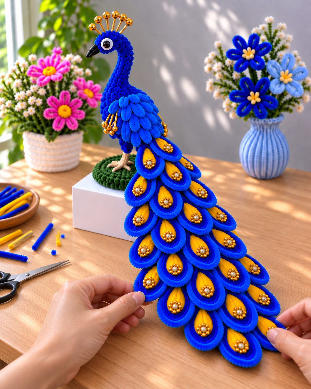 The artist's hands putting the finishing touch on the cascading golden-eyed tail of a finished royal-blue chenille peacock, perched on its woven green base atop a white pedestal, with handmade chenille flowers in the background.