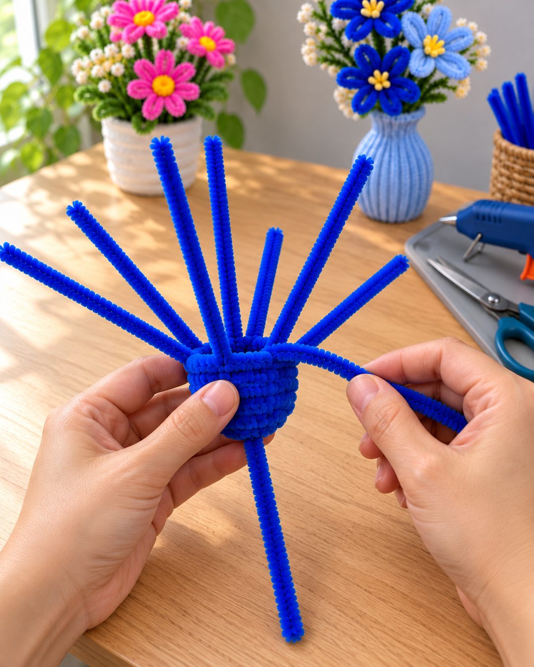 Both hands weaving a stem over and under the radiating spokes, the dense rounded body core taking shape in the palm