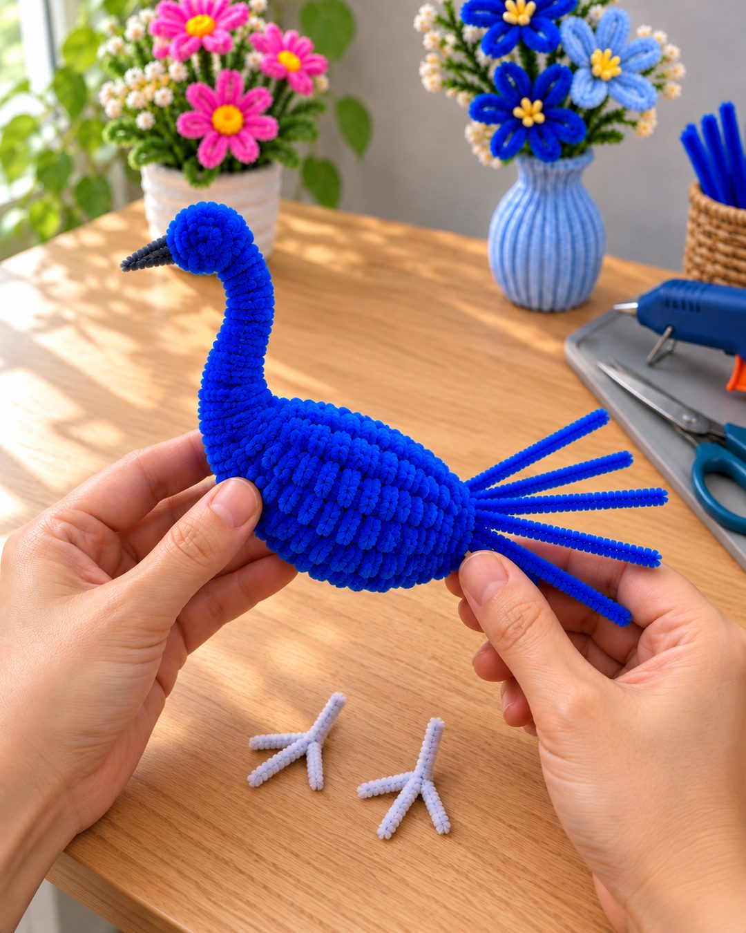 The fully shaped blue bird held in two hands: rounded woven body, elegant S-curved neck, dark beak, tail spines fanned out, with the little pale feet waiting on the desk