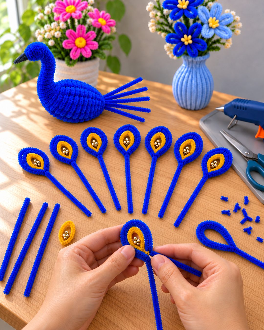A fan of finished eye feathers laid out on the desk, royal blue teardrops with golden centers and bead clusters, hands shaping the next one, the bare bird waiting in the background