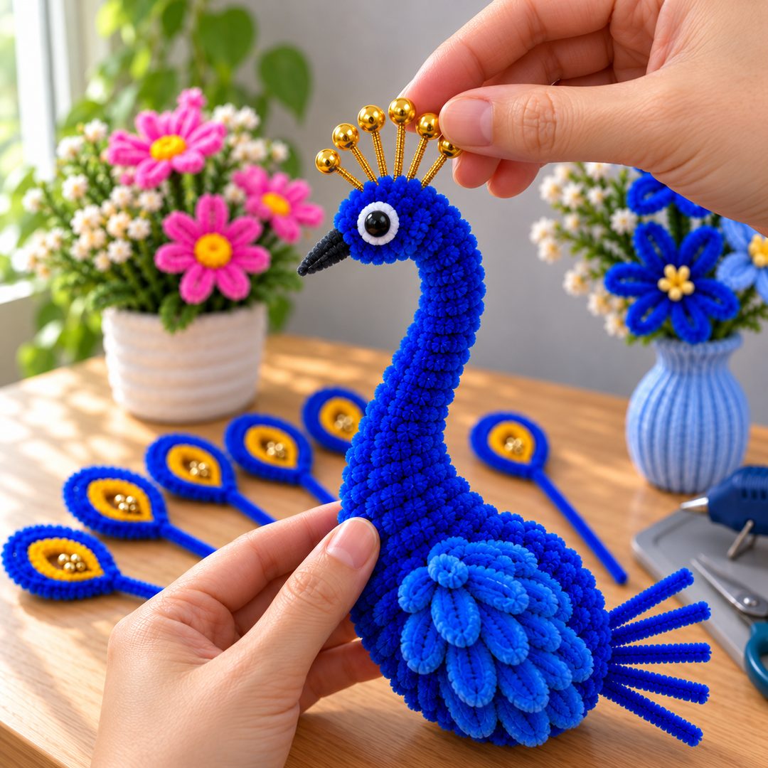 Close-up of hands placing the golden ball-tipped crown pins into the head, the eye already set, the layered shoulder plumes covering the back, finished feathers waiting around it