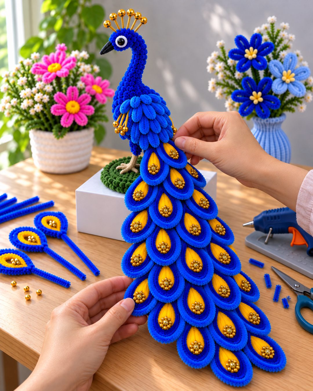 Hands attaching the cascading tail row by row, the peacock standing on its woven green base atop a white pedestal, golden-eyed feathers flowing down in overlapping layers